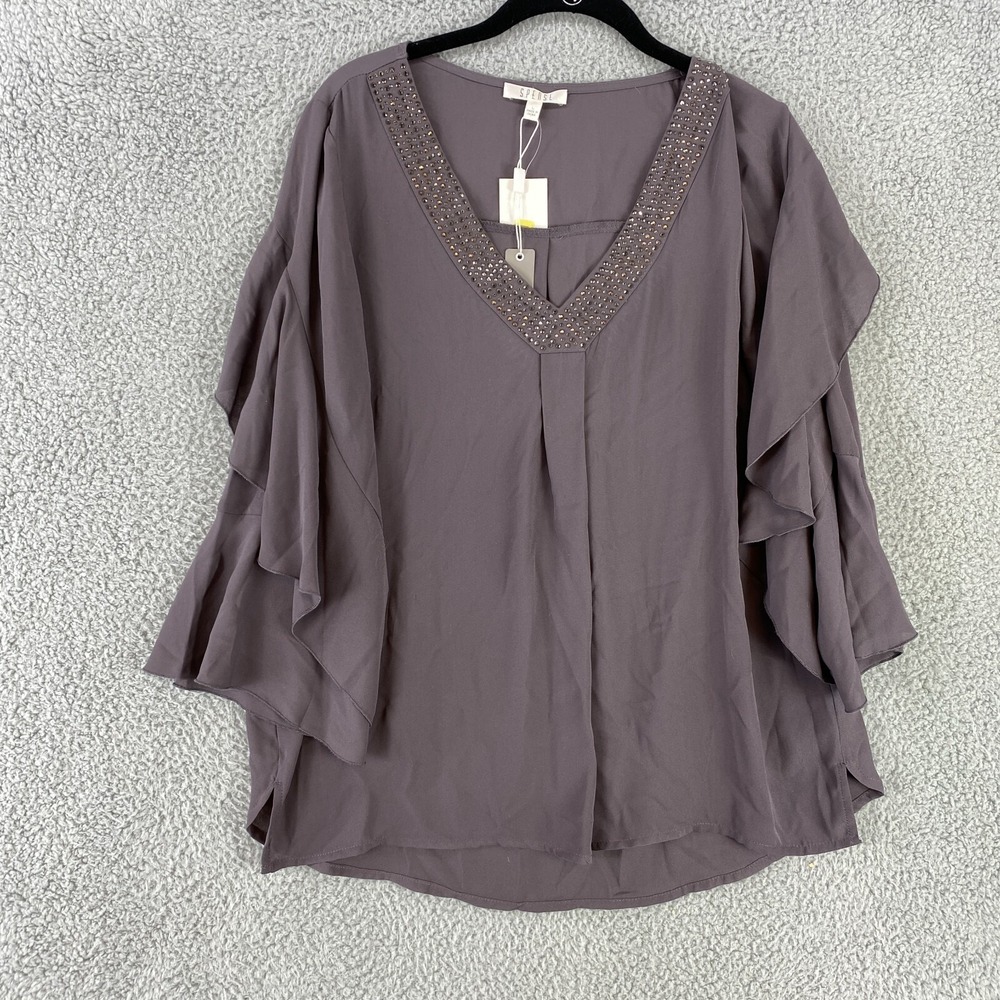 Spense Top Women's L Gray Embellished Studs Polyester V Neck Flowy Bell‎ Sleeve